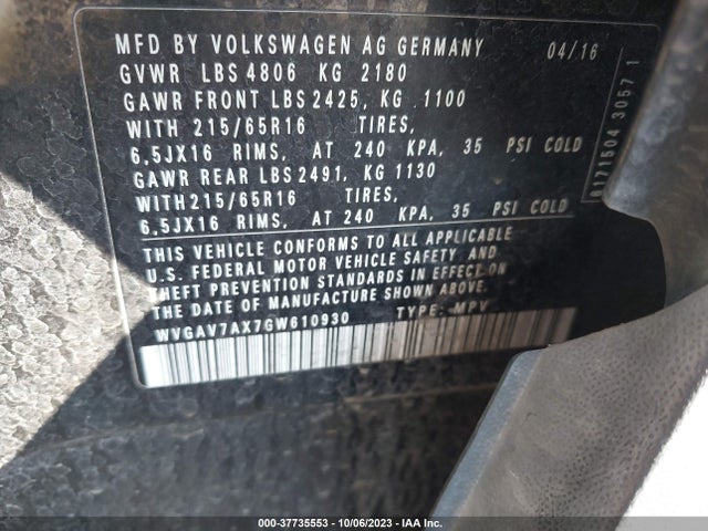 WVGAV7AX7GW610930 Volkswagen TIGUAN S