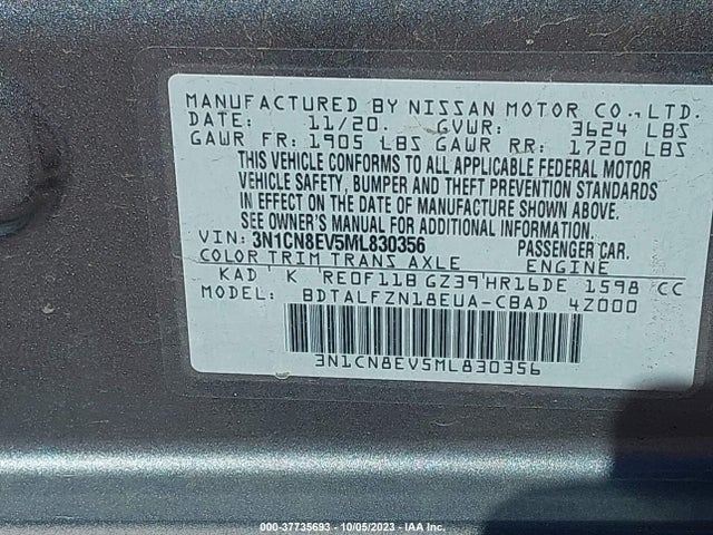 2021 NISSAN VERSA SV VIN: 3N1CN8EV5ML830356