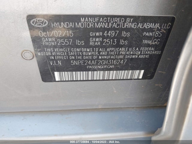 2016 HYUNDAI SONATA 2.4L SE VIN: 5NPE24AF2GH316247