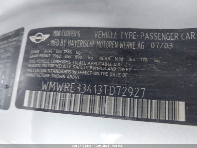 2003 MINI COOPER S WMWRE33413TD72927 Photo 8