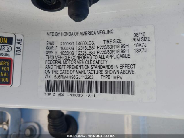 5J6RM4H98GL112263 Honda Cr-v Touring