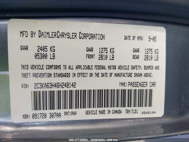 2006 CHRYSLER 300 C VIN: 2C3KA63H46H248142