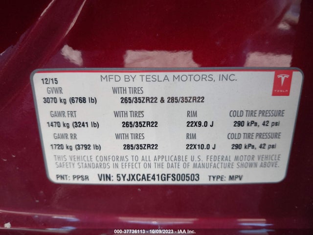 Продажа на аукционе авто 2016 Tesla Model X P90d/60d/p100d, vin: 5YJXCAE41GFS00503, номер лота: 37736113