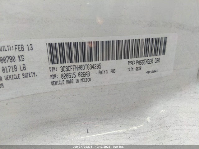 2013 FIAT 500 TURBO VIN: 3C3CFFHH0DT634205