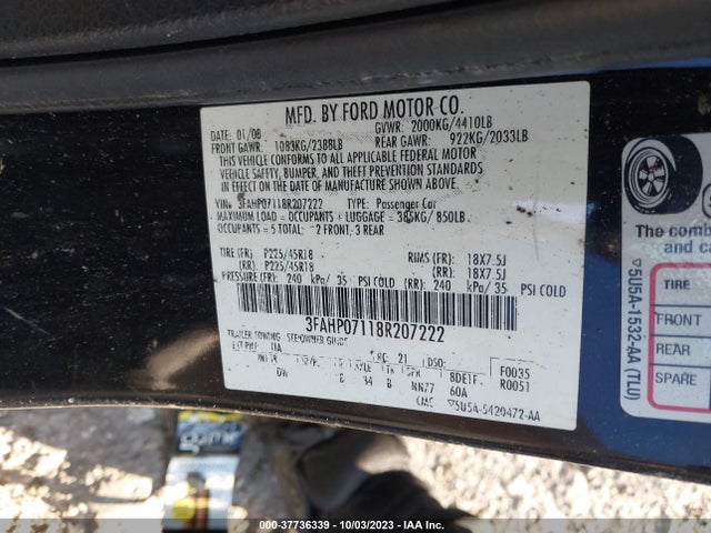 2008 FORD FUSION SE VIN: 3FAHP07118R207222