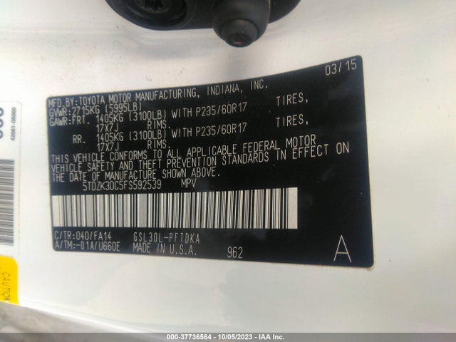 Toyota Sienna L 2015 5TDZK3DC5FS592539 Image 15