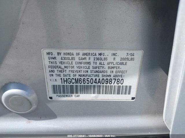 2004 HONDA ACCORD SDN EX VIN: 1HGCM66504A098780