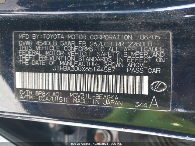 2006 LEXUS ES 330 VIN: JTHBA30GX65144587