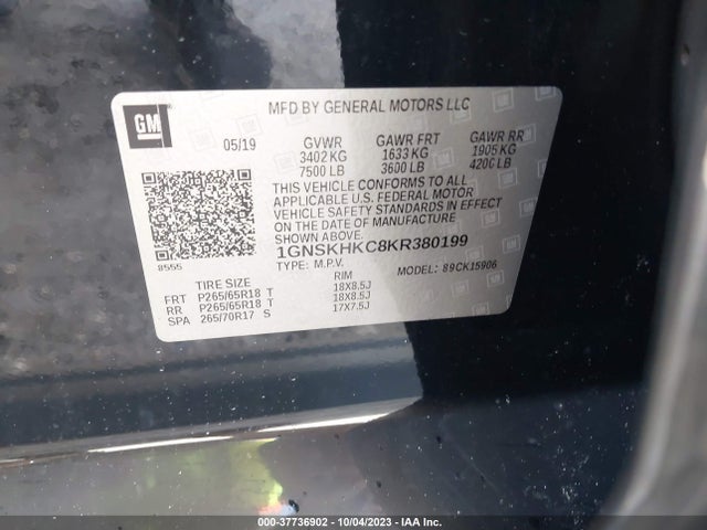Chevrolet Suburban Lt 2019 1GNSKHKC8KR380199 Image 9