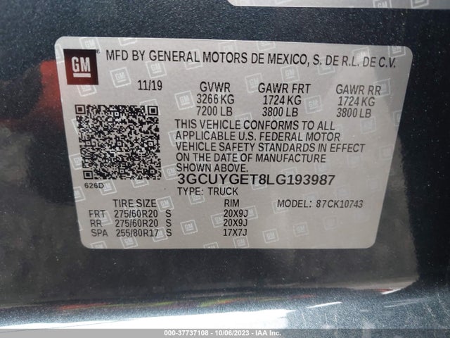 2020 CHEVROLET SILVERADO 1500 4WD STANDARD BED LTZ VIN: 3GCUYGET8LG193987