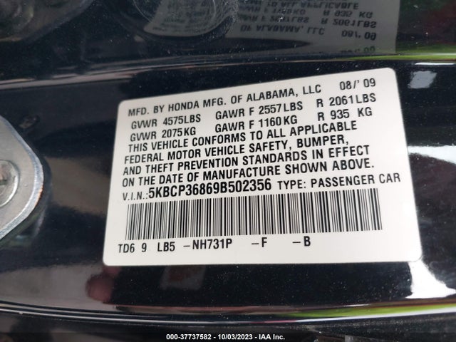 2009 HONDA ACCORD SDN EX-L VIN: 5KBCP36869B502356