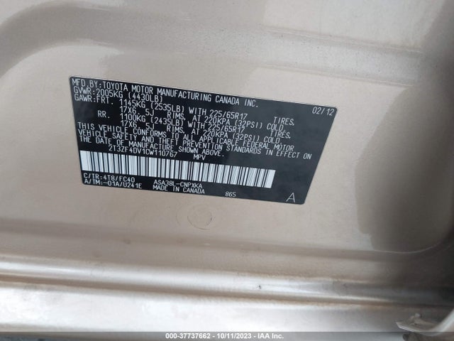 2012 TOYOTA RAV4 VIN: 2T3ZF4DV1CW110767