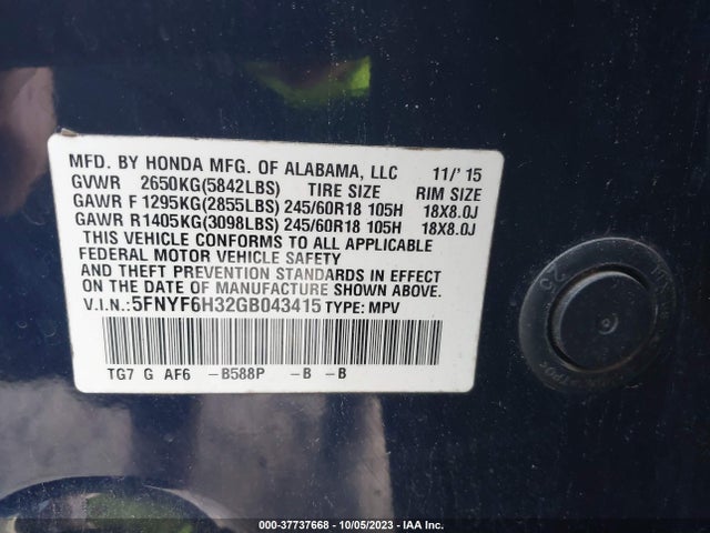 Honda Pilot Ex 2016 5FNYF6H32GB043415 Image 9