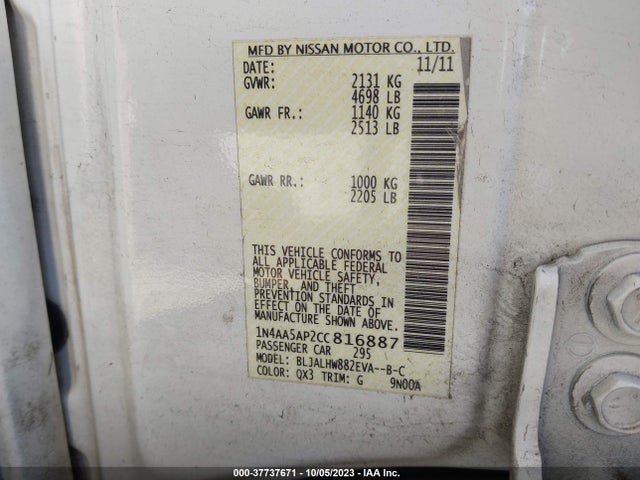 37737671 :رقم المزاد ، 1N4AA5AP2CC816887 vin ، 2012 Nissan Maxima 3.5 Sv مزاد بيع