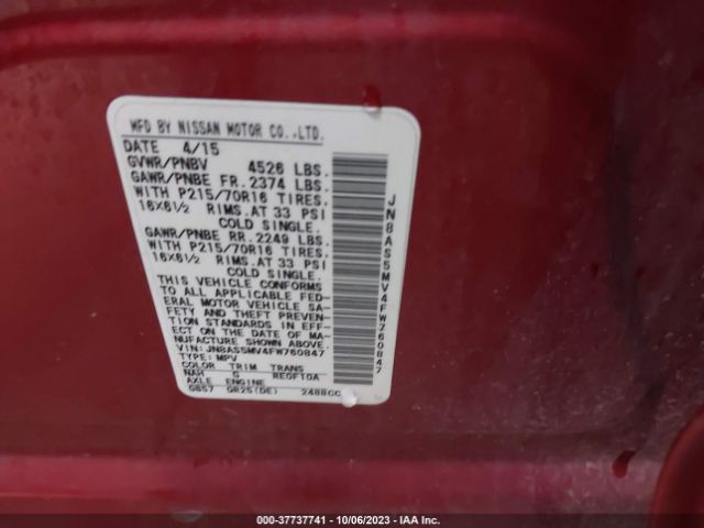 JN8AS5MV4FW760847 Nissan Rogue Select S
