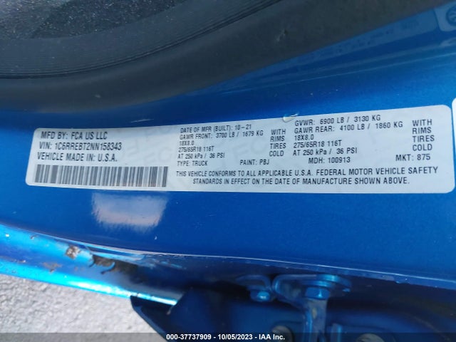 RAM 1500 Big Horn 2022 1C6RREBT2NN158343 Image 9