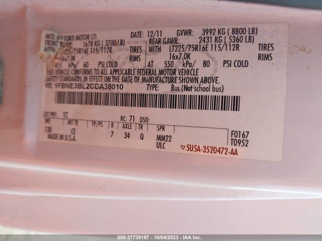 2012 FORD ECONOLINE WAGON XL/XLT VIN: 1FBNE3BL2CDA38010