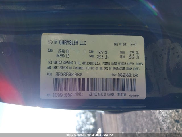 2008 DODGE CHARGER SXT VIN: 2B3KA33G58H100782
