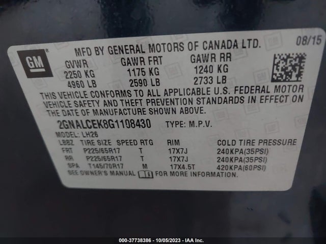 Chevrolet EQUINOX LT 2016 2GNALCEK8G1108430 Image 9