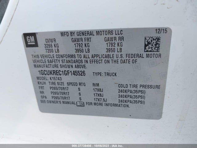 2016 CHEVROLET SILVERADO 1500 1LT VIN: 1GCUKREC1GF145526
