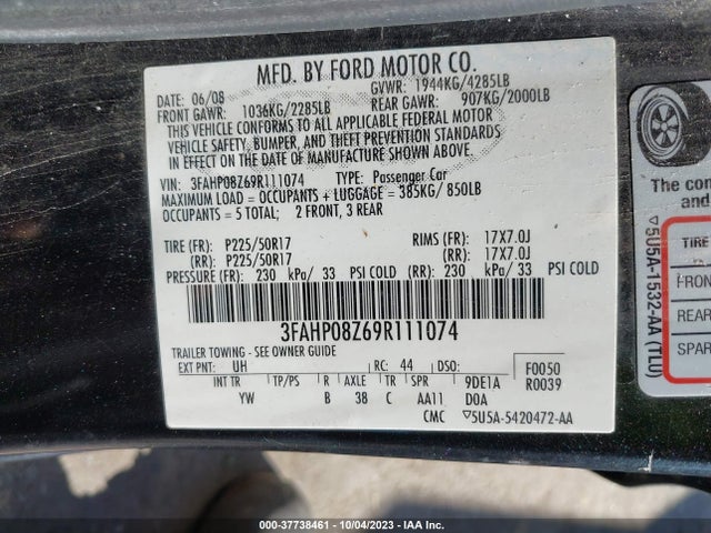2009 FORD FUSION SEL VIN: 3FAHP08Z69R111074