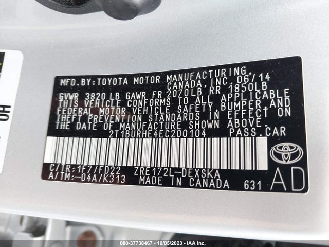 2014 TOYOTA COROLLA L/LE/S/S PLUS/LE PLUS VIN: 2T1BURHE4EC200104