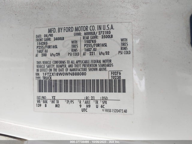 1998 FORD F-150 VIN: 1FTZX18W0WNB88080