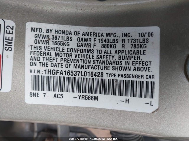2007 HONDA CIVIC SDN 1HGFA16537L016428 Photo 8