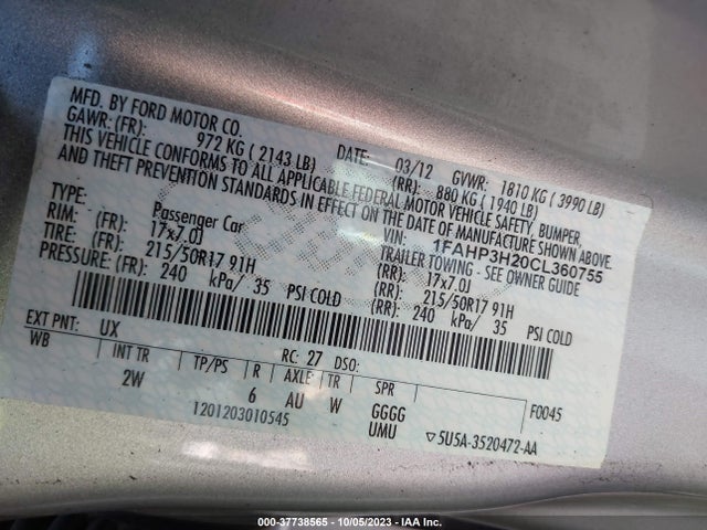 2012 FORD FOCUS SEL VIN: 1FAHP3H20CL360755