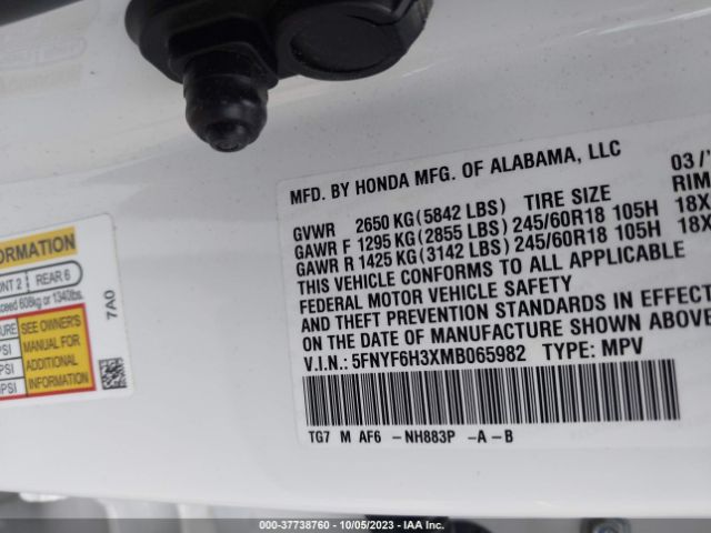 5FNYF6H3XMB065982 Honda Pilot Ex