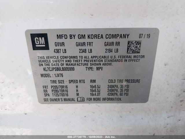 Chevrolet Trax Awd Lt 2020 KL7CJPSB6LB005999 Image 9