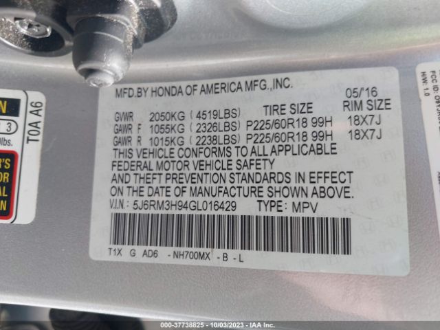 5J6RM3H94GL016429 Honda Cr-v Touring