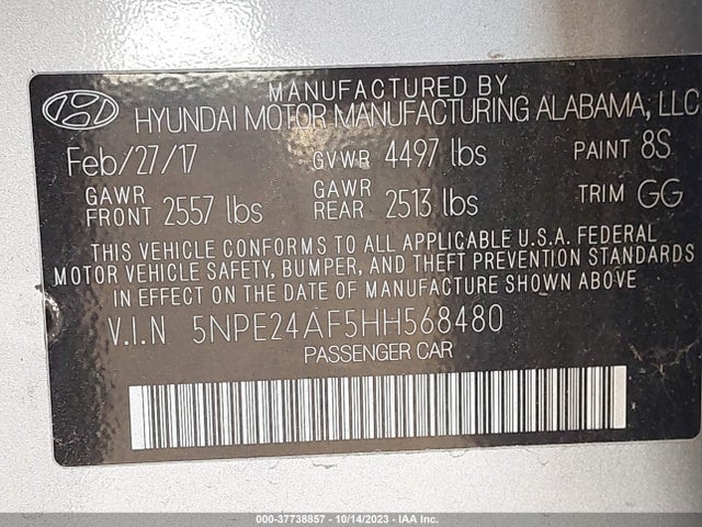 2017 HYUNDAI SONATA 2.4L VIN: 5NPE24AF5HH568480