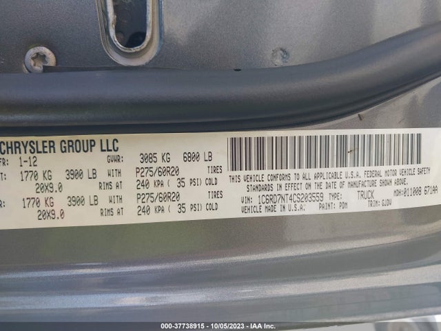 Продаж на аукціоні авто 2012 Ram 1500 Laramie, vin: 1C6RD7NT4CS203559, номер лоту: 37738915