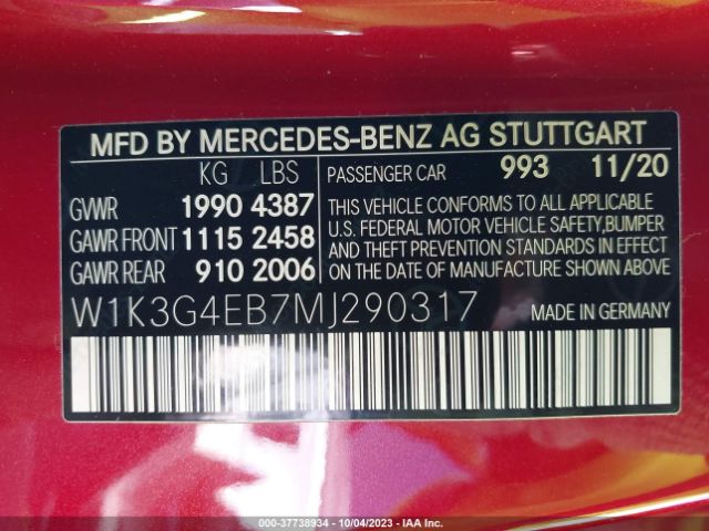 W1K3G4EB7MJ290317 Mercedes-Benz A-class A 220