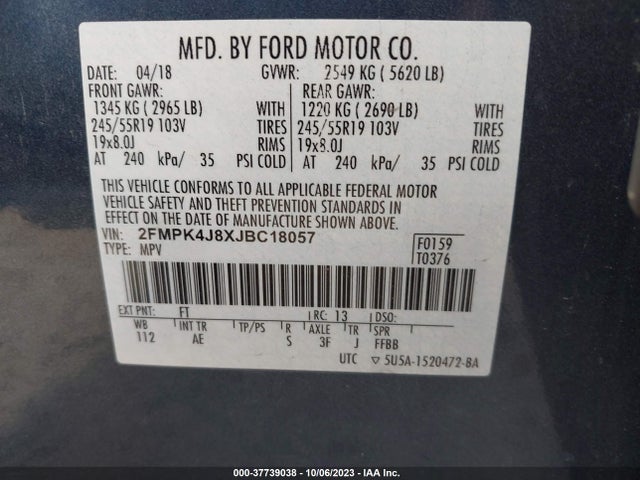 2018 FORD EDGE SEL VIN: 2FMPK4J8XJBC18057