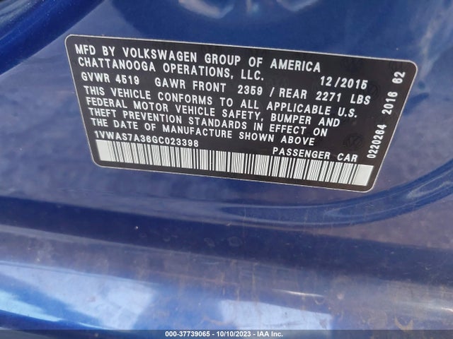 1VWAS7A36GC023398 Volkswagen Passat 1.8t S