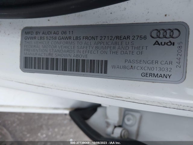 2012 AUDI A6 3.0T PREMIUM PLUS VIN: WAUBGAFCXCN013032