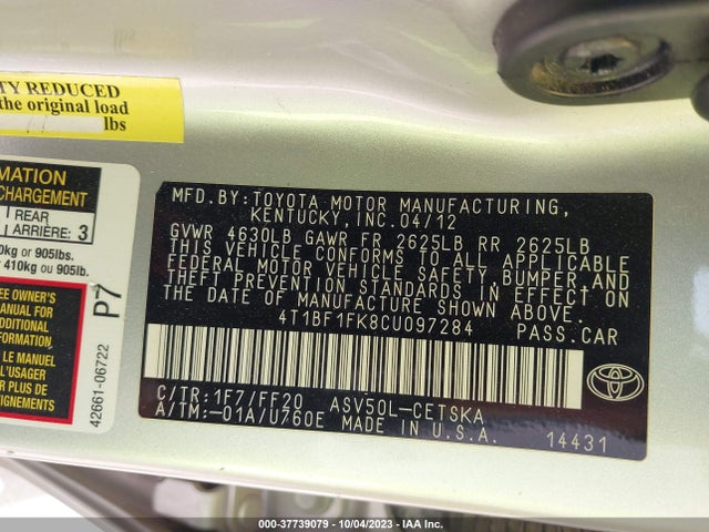 2012 TOYOTA CAMRY L/LE/SE/XLE VIN: 4T1BF1FK8CU097284