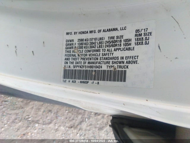 Honda Ridgeline Rtl 2017 5FPYK2F51HB010424 Image 9