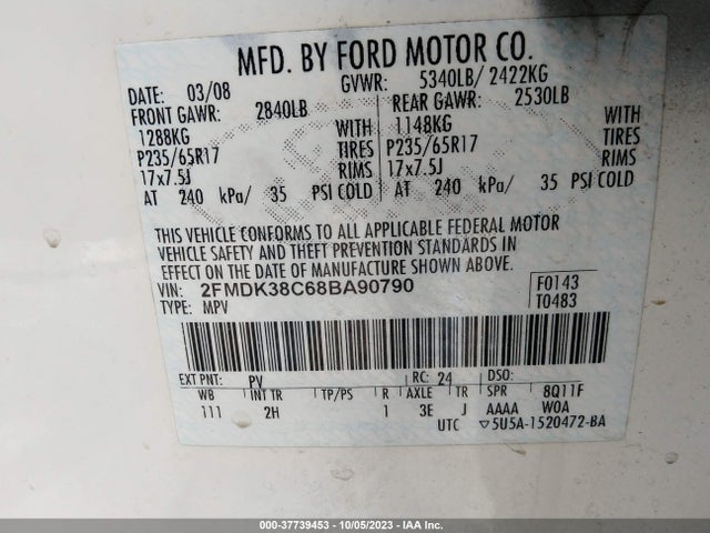 2008 FORD EDGE SEL VIN: 2FMDK38C68BA90790