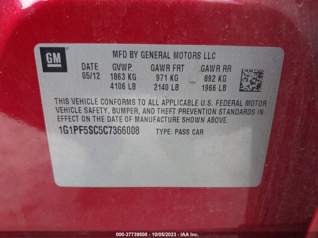 2012 CHEVROLET CRUZE LT W/1LT VIN: 1G1PF5SC5C7366008