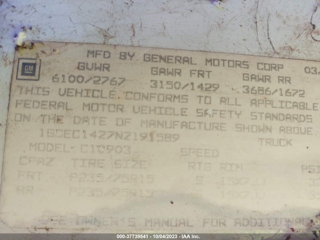 1992 CHEVROLET GMT-400 C1500 VIN: 1GCEC14Z7NZ191589