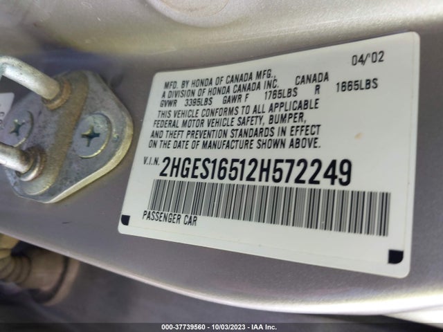 2002 HONDA CIVIC LX VIN: 2HGES16512H572249