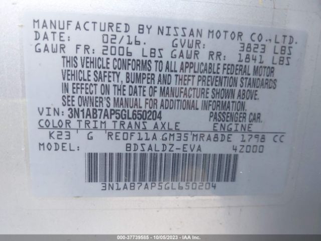 3N1AB7AP5GL650204 Nissan Sentra Sr/sl/s/sv/fe+ S