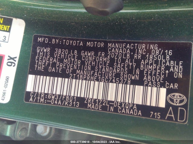Toyota Corolla Le Eco 2016 2T1BPRHE1GC745378 Image 9