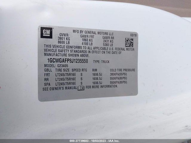 Chevrolet EXPRESS CARGO VAN 2018 1GCWGAFP8J1235550 Image 9