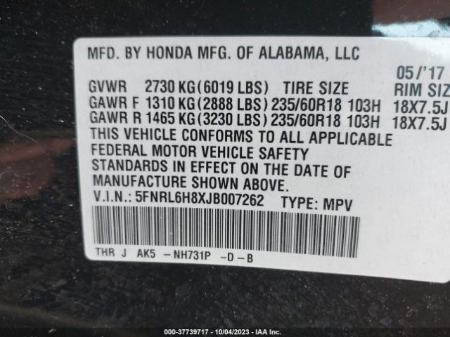 5FNRL6H8XJB007262 Honda Odyssey Touring