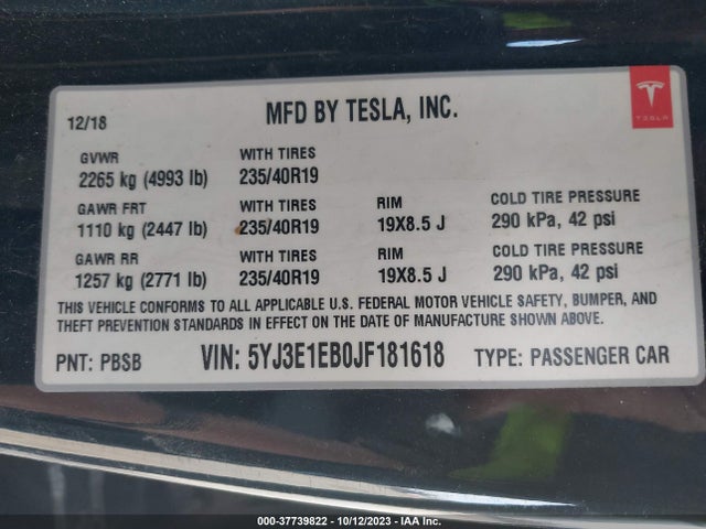 5YJ3E1EB0JF181618 Tesla Model 3 Long Range Battery