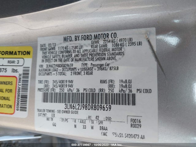 2013 LINCOLN MKZ VIN: 3LN6L2J98DR809659